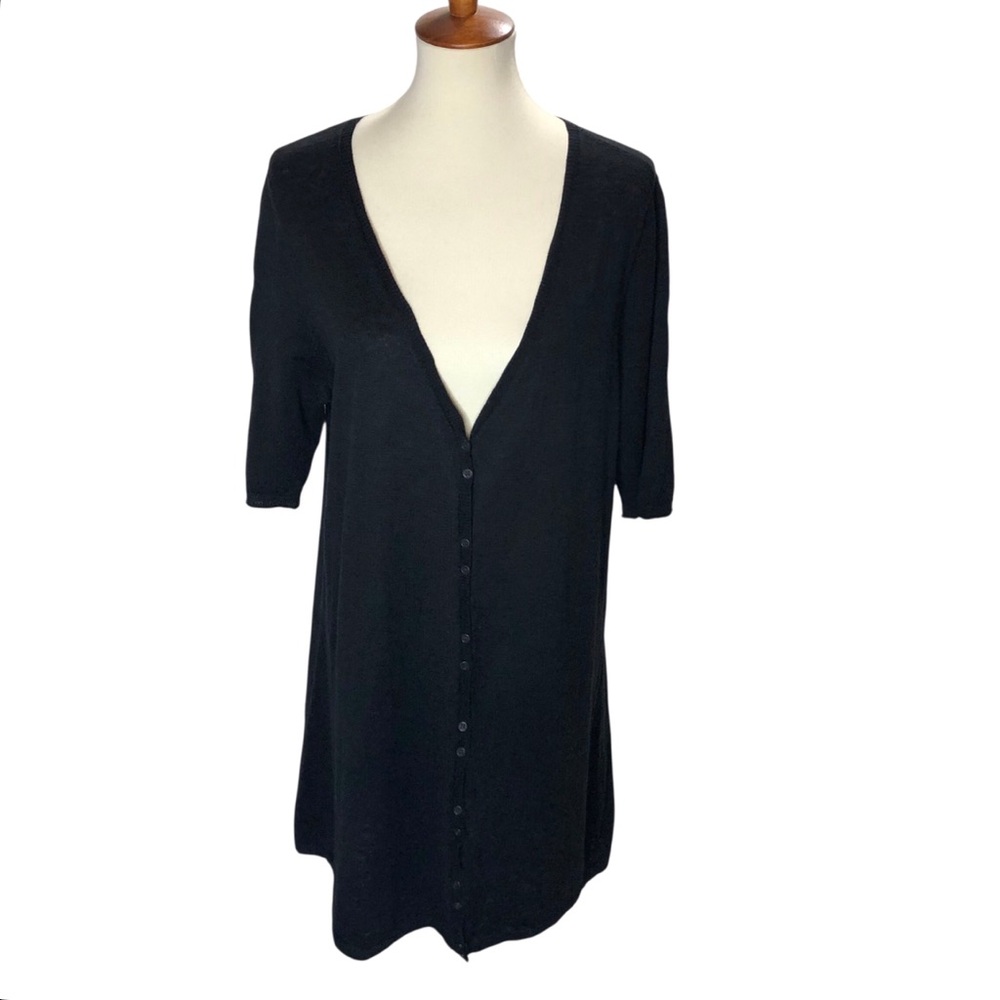 Eileen Fisher Cotton Linen Long Cardigan Sz XL Black Short Sleeve Classic Office
